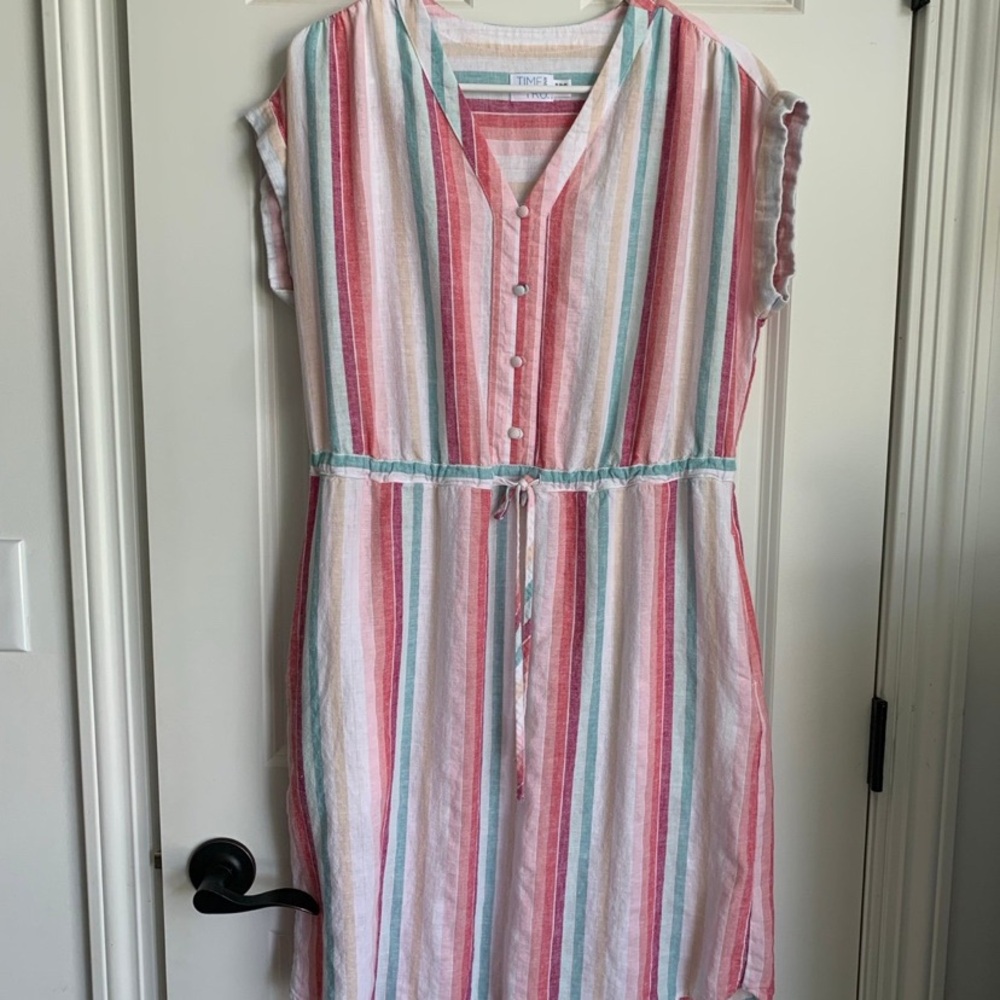 Time and Tru Linen Blend SunDress with Pink and Blue Stripes